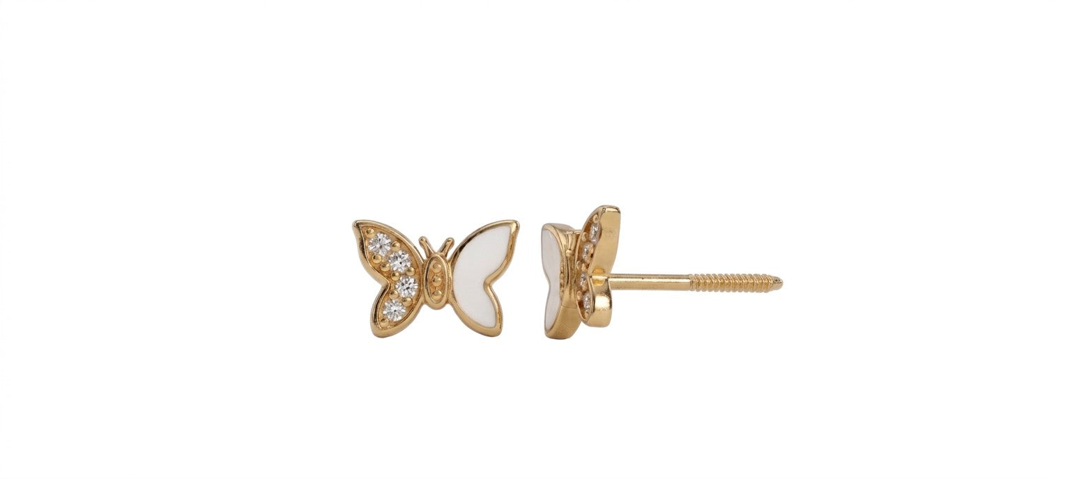 14K Solid Gold Butterfly CZ and Epoxy Earrings