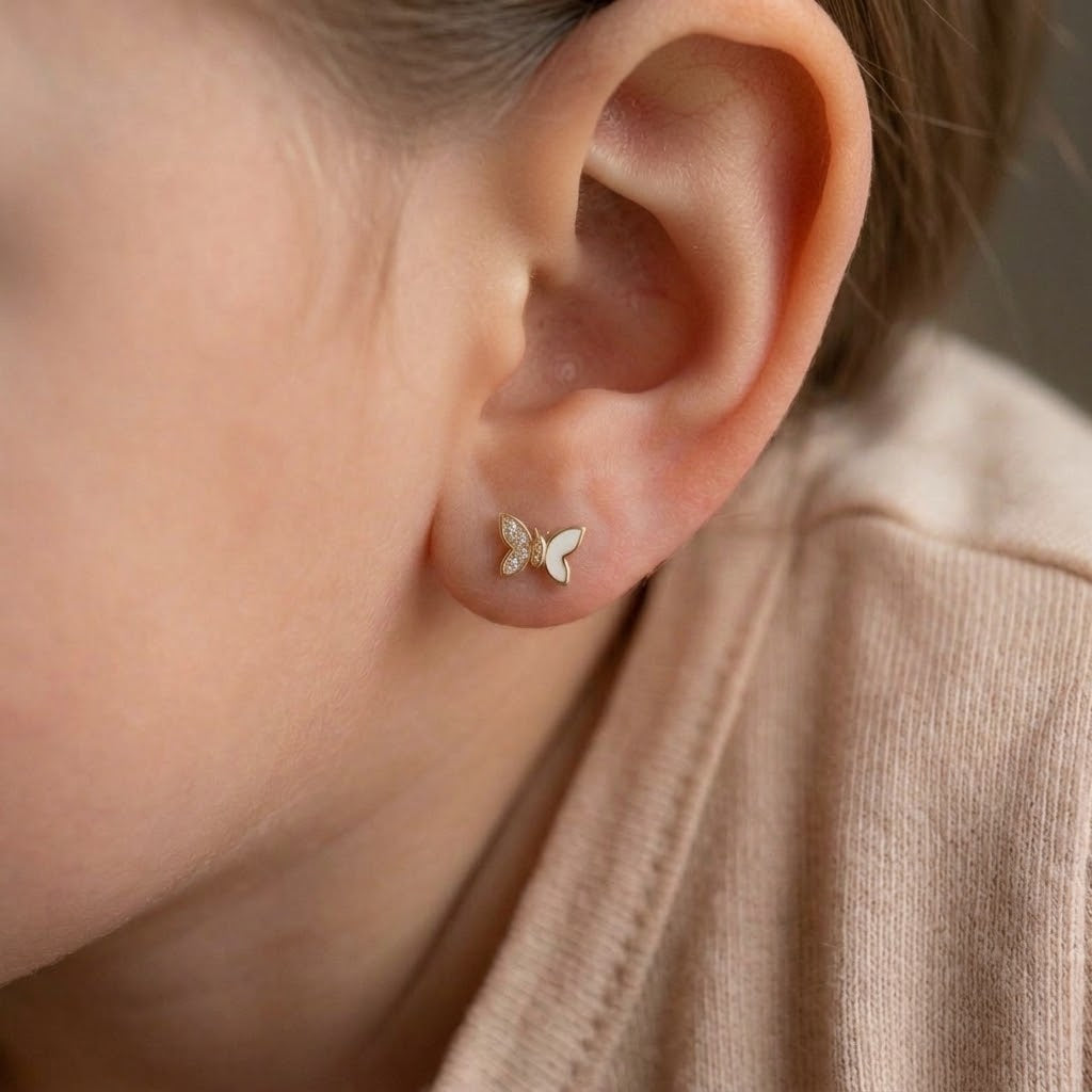 14K Solid Gold Butterfly CZ Epoxy Kids Stud Earrings - Cubic zirconia, White epoxy, Yellow gold, Solid gold