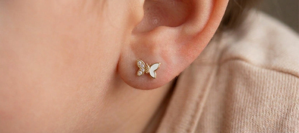 14K Solid Gold Butterfly CZ and Epoxy Earrings