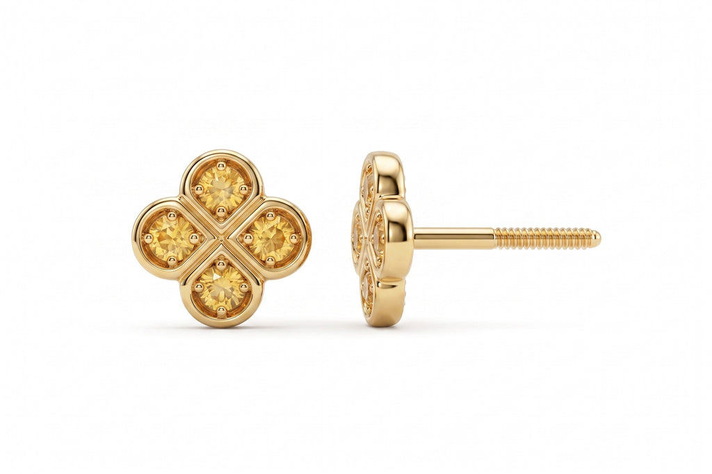 14K Solid Gold Flower CZ Earrings