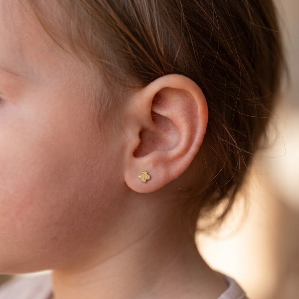 14K Solid Gold Clover CZ Kids Stud Earrings - Cubic zirconia, Yellow gold, Solid gold