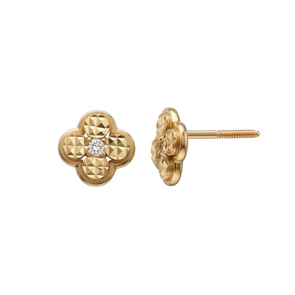 14K Solid Gold Diamond Cut Flower Children's Earrings