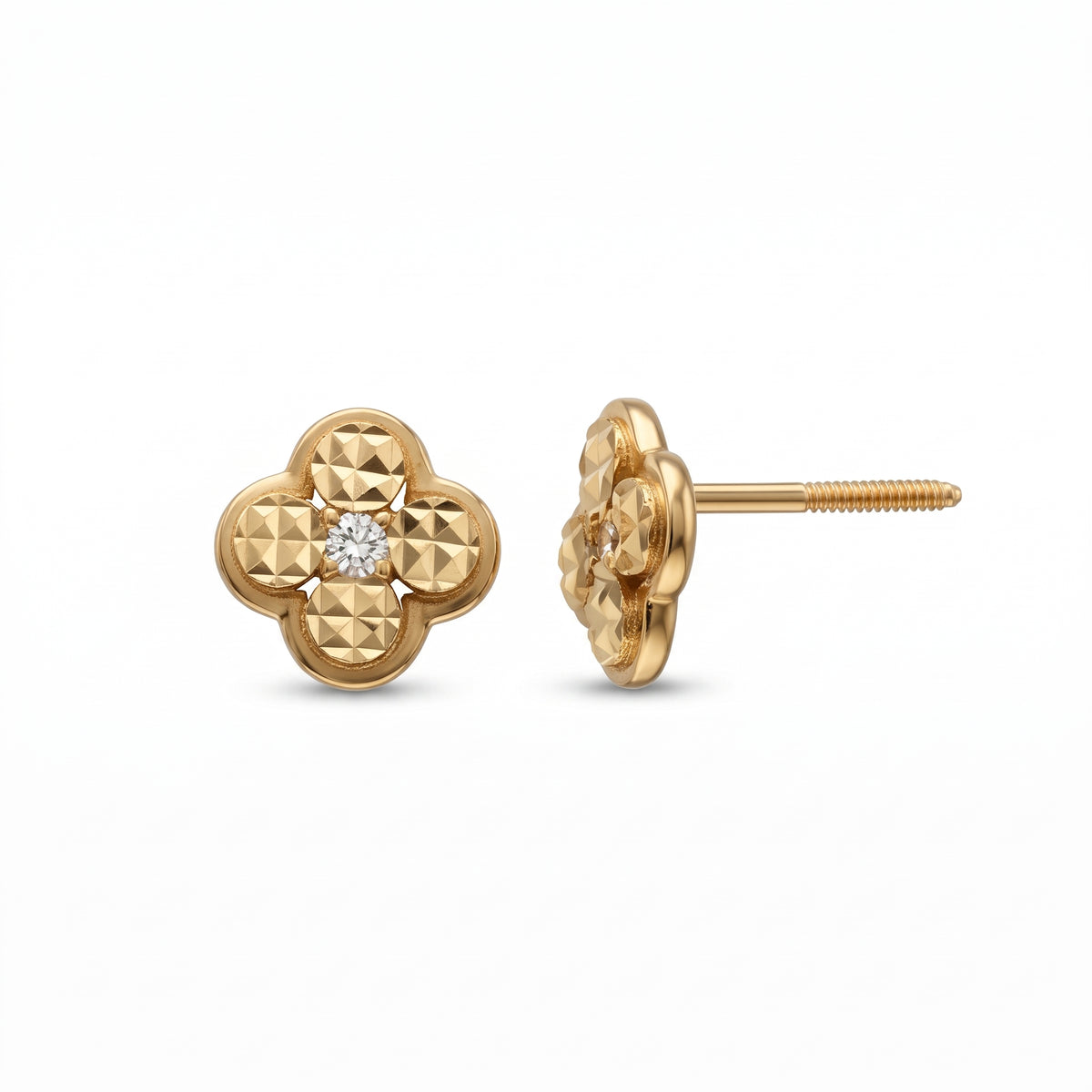 14K Solid Gold Diamond-Cut Clover Kids Stud Earrings