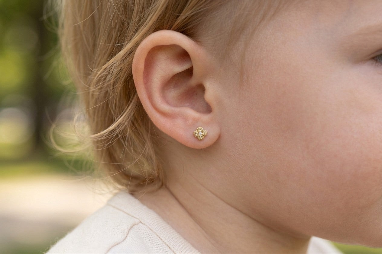 14K Solid Gold Diamond Cut Flower Children's Earrings