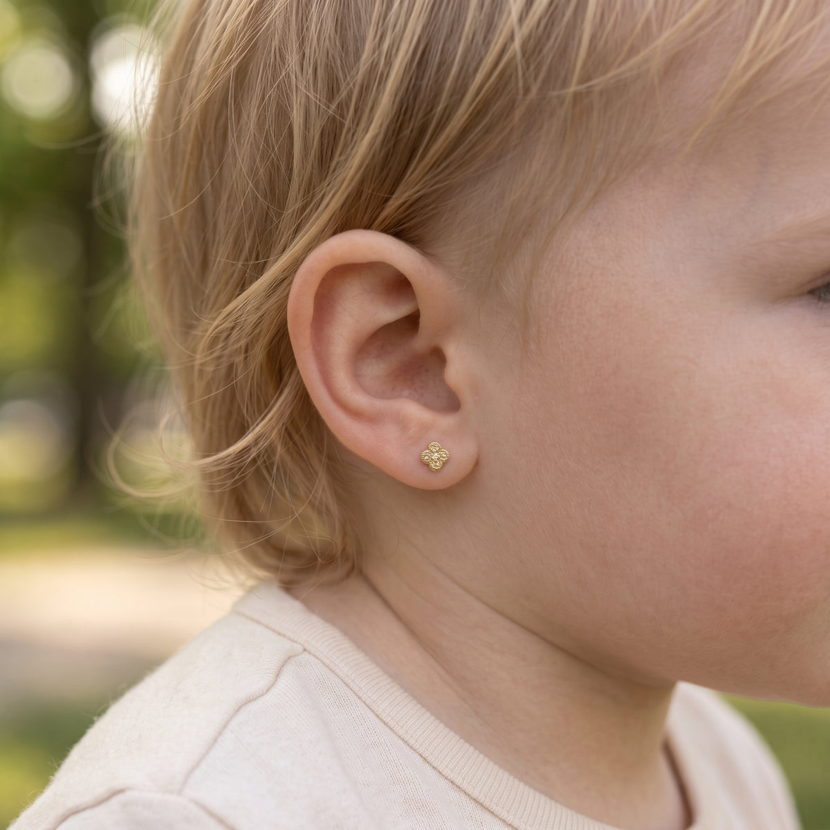 14K Solid Gold Diamond-Cut Clover Kids Stud Earrings