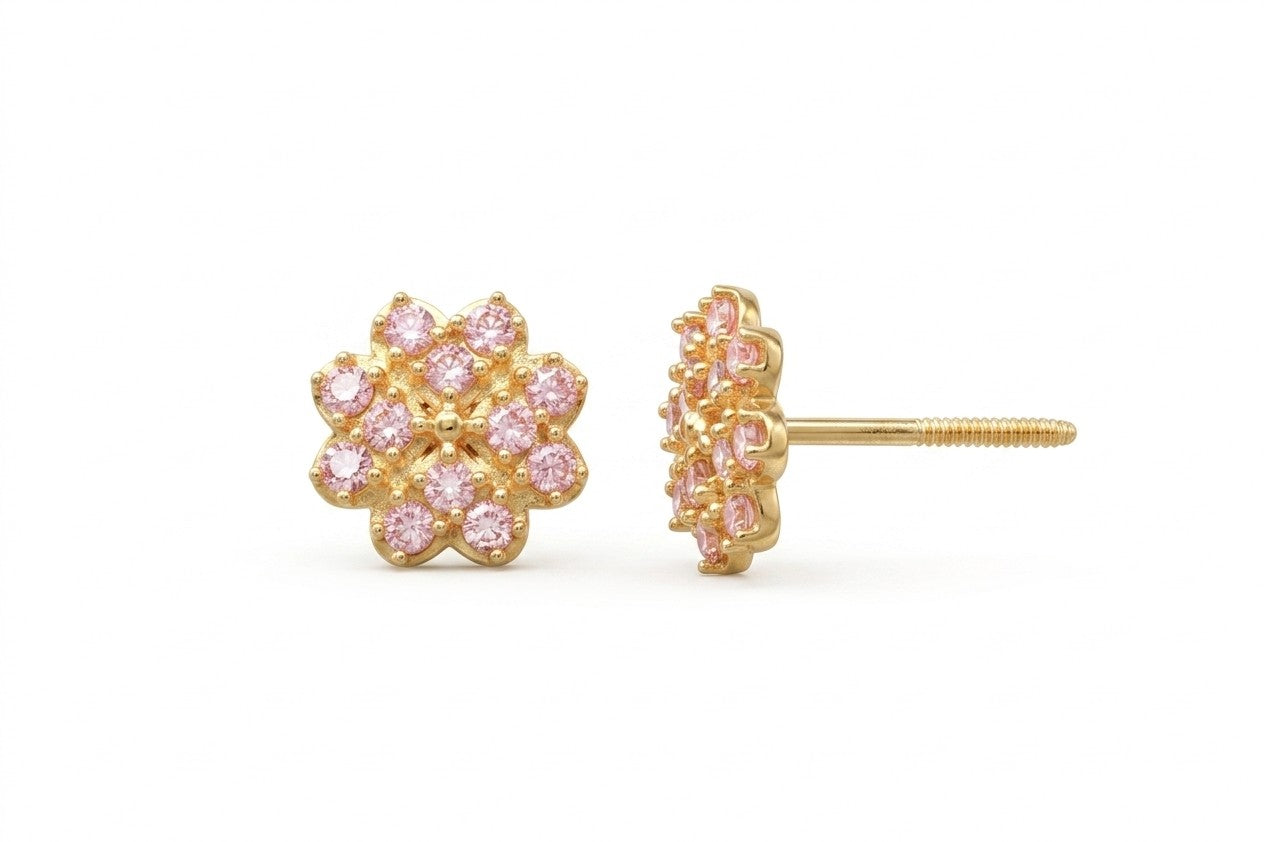 14K Solid Gold Flower Children's Earrings with Pink CZs
