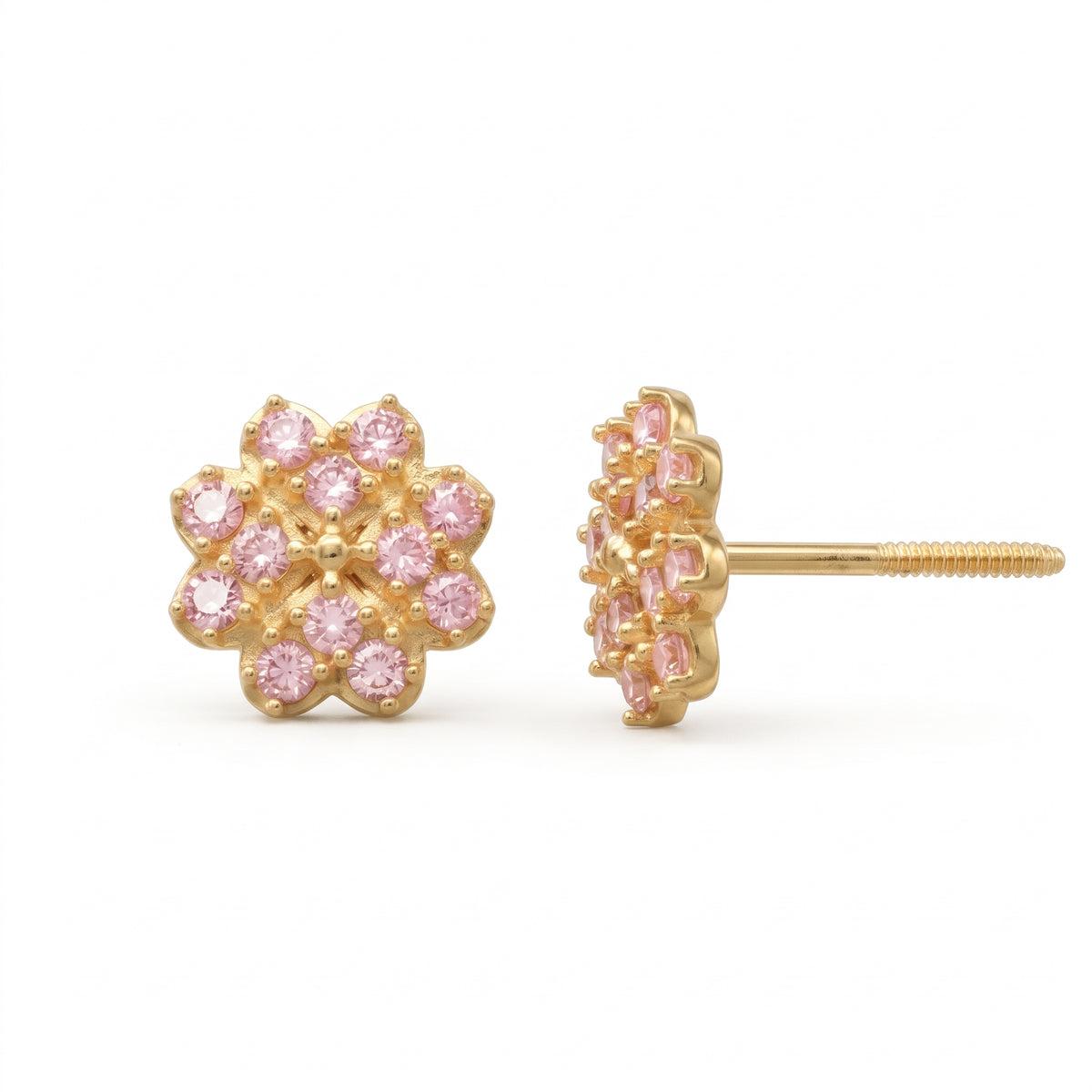 14K Solid Gold Flower Pink CZ Kids Stud Earrings