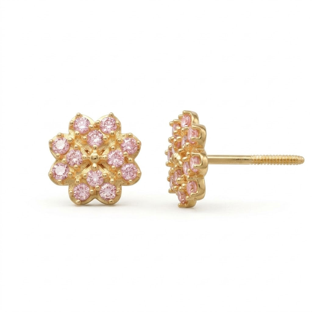 14K Solid Gold Flower Pink CZ Kids Stud Earrings - Pink, Cubic zirconia, Yellow gold, Solid gold