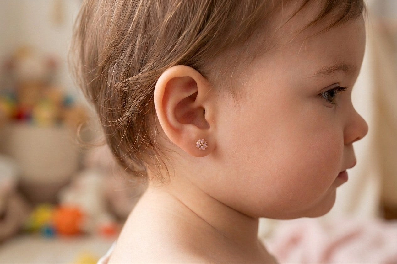 14K Solid Gold Flower Children's Earrings with Pink CZs