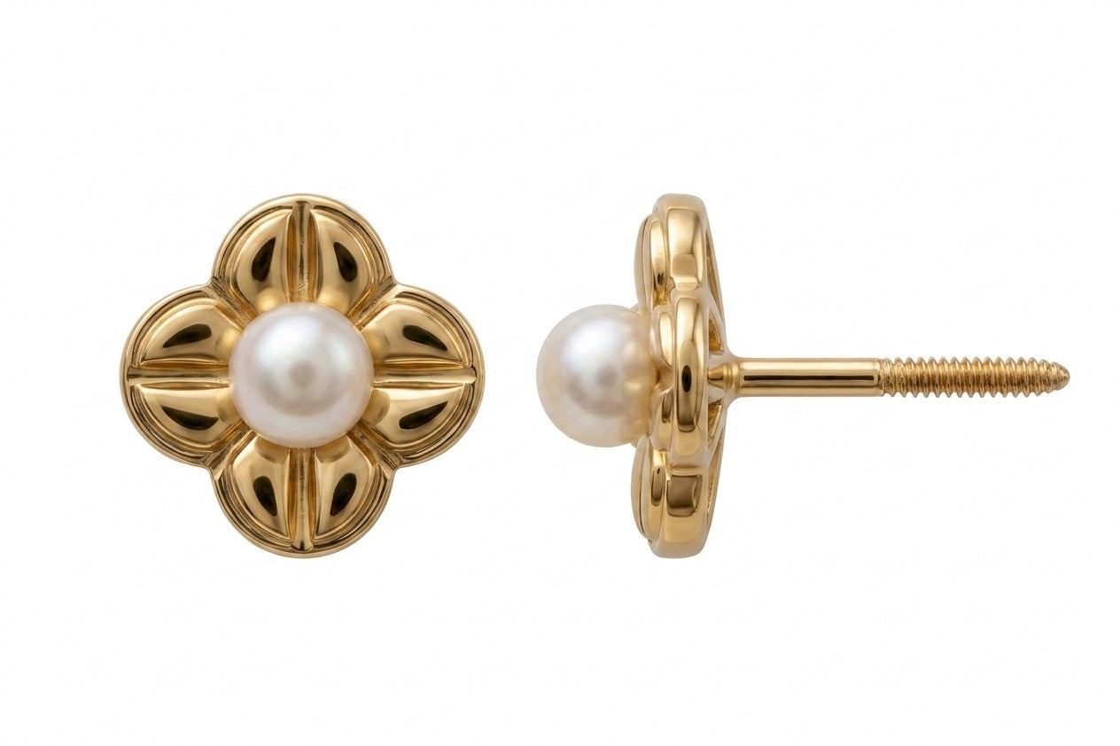 14K Solid Gold Flower with Pearl Children's Earrings