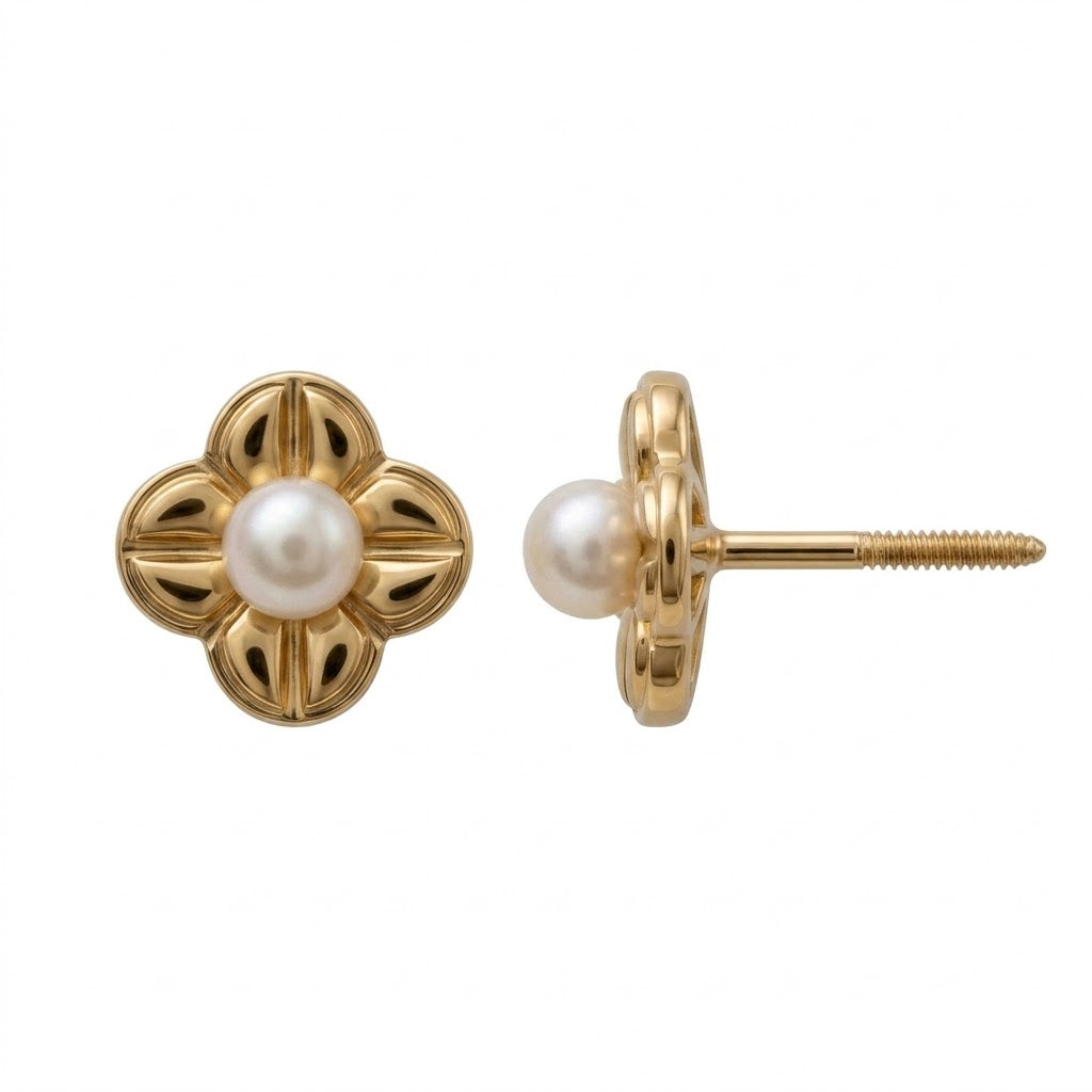 14K Solid Gold Flower with Pearl Children's Earrings