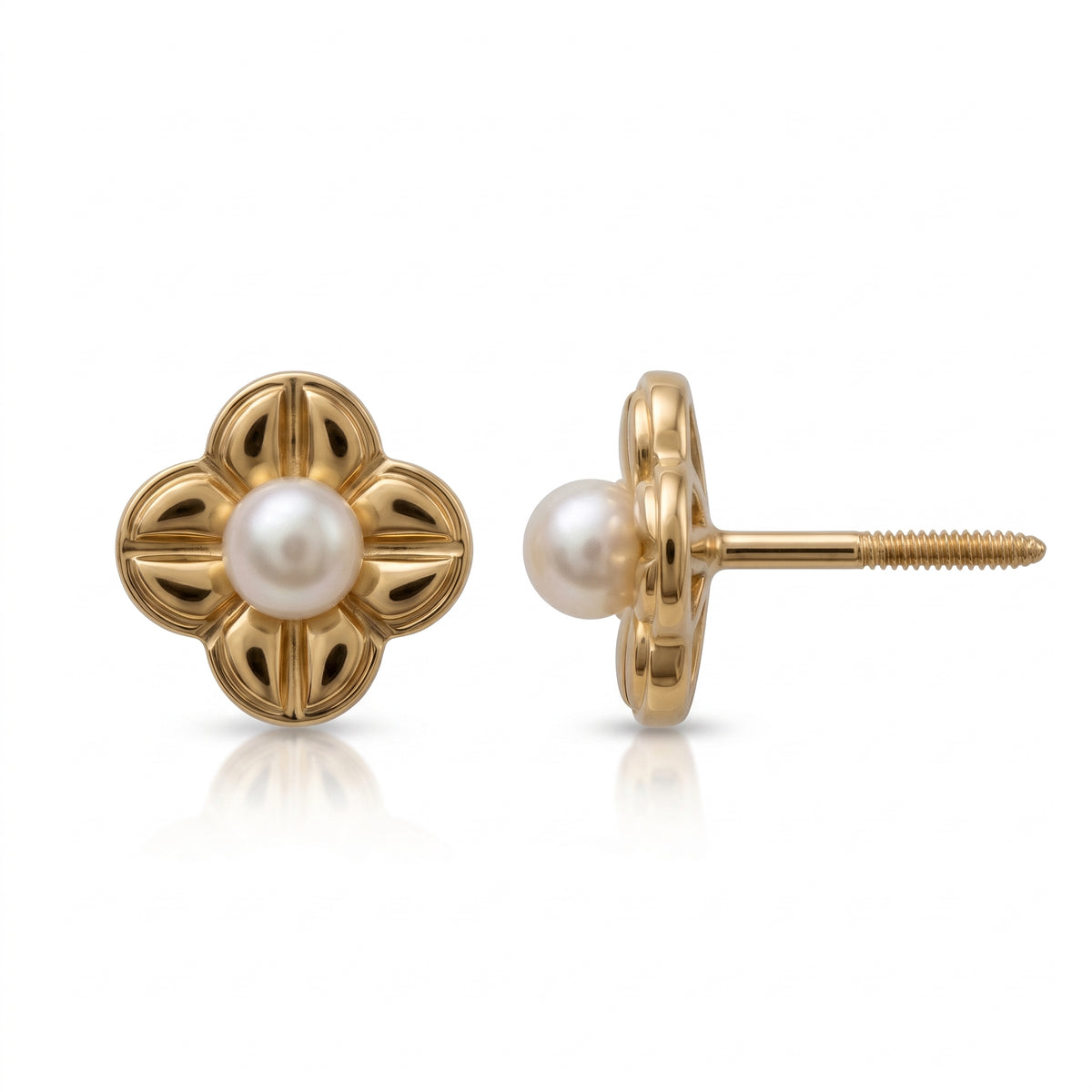 14K Solid Gold Flower Pearl Kids Stud Earrings