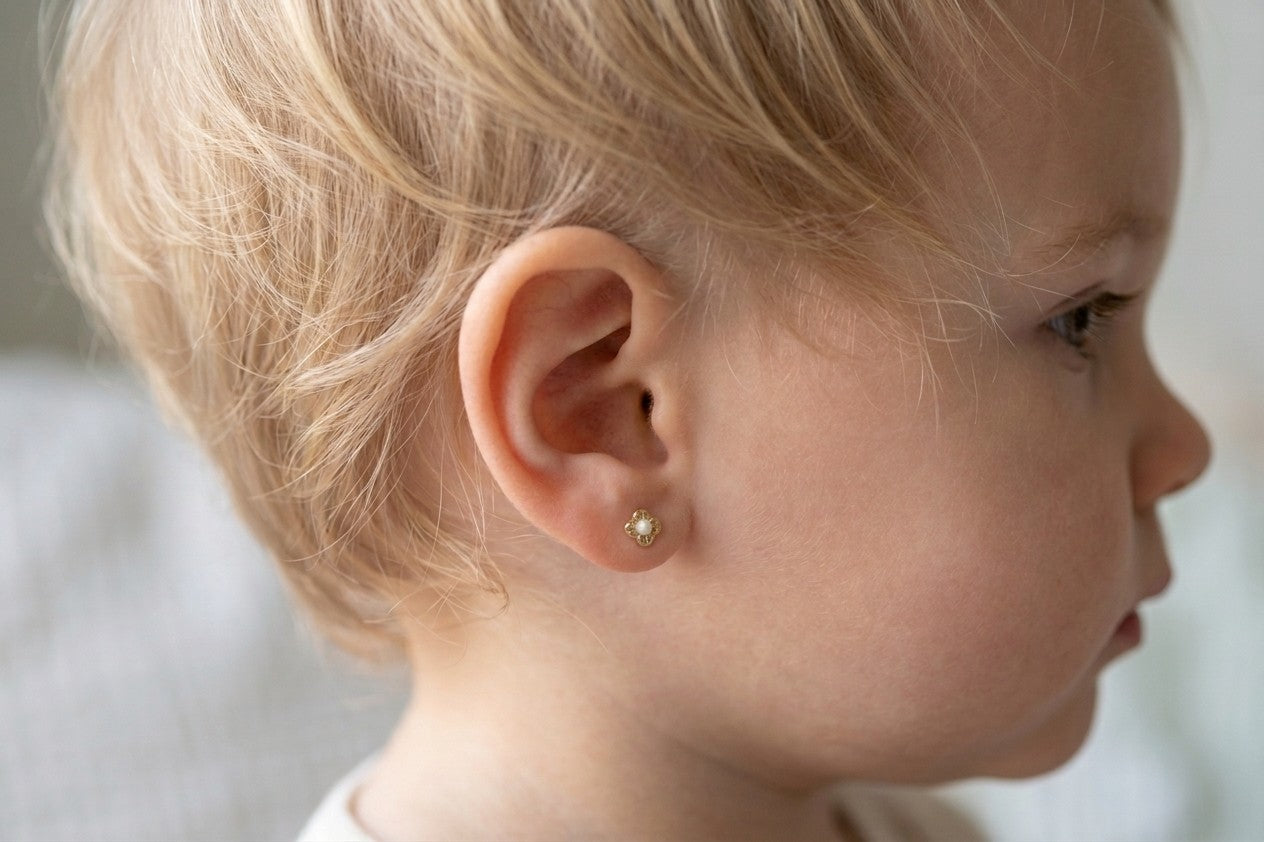14K Solid Gold Flower with Pearl Children's Earrings