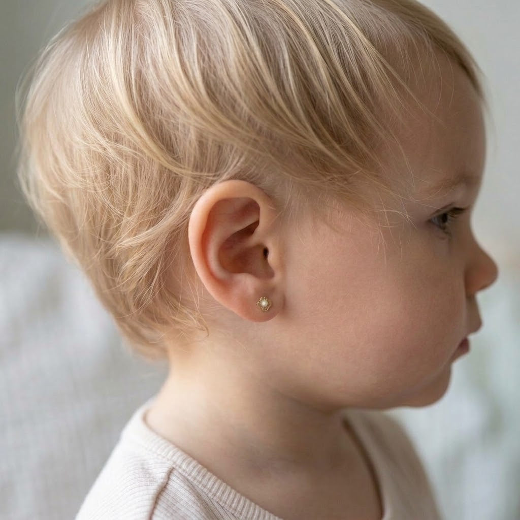 14K Solid Gold Flower Pearl Kids Stud Earrings - Pearl, Yellow gold, Solid gold
