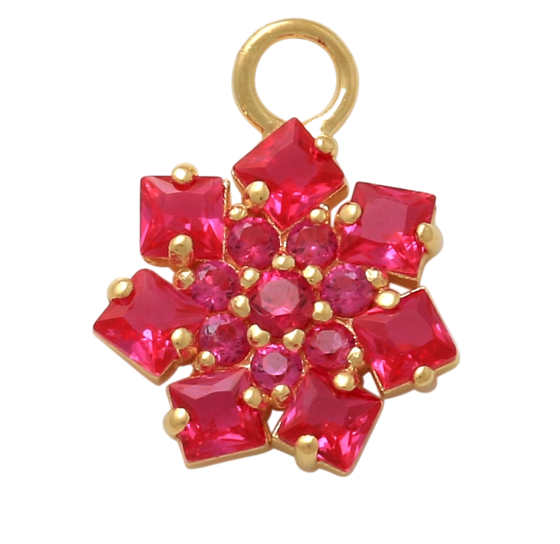 10K Solid Yellow Gold Dangling Snowflake-shaped Red Charm