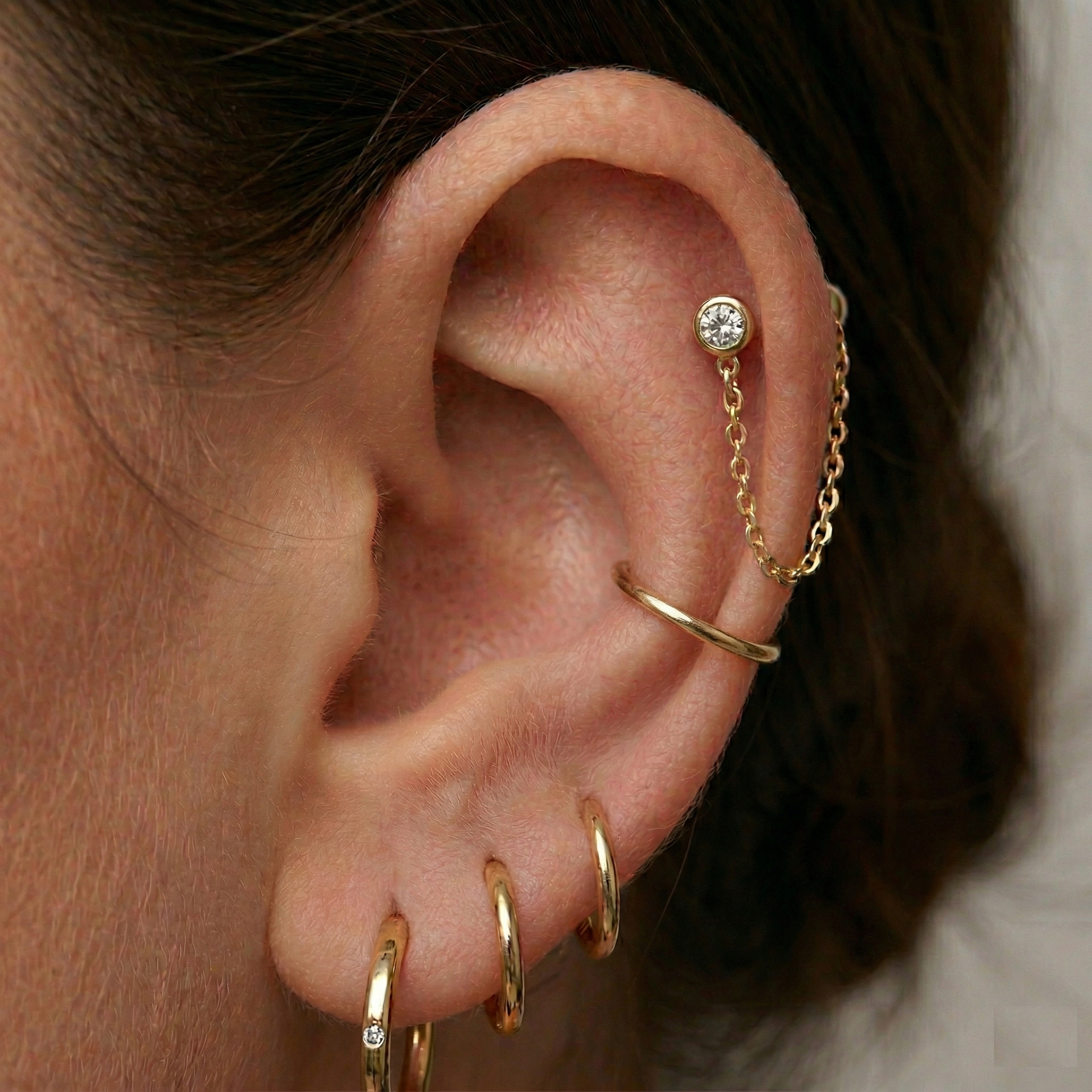 14K Solid Gold 18G Dangle Chain CZ Cartilage Stud