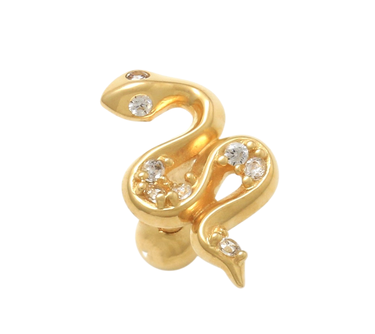 10k Solid Yellow Gold 16 Gauge Snake-Shaped Cartilage Earring with CZ