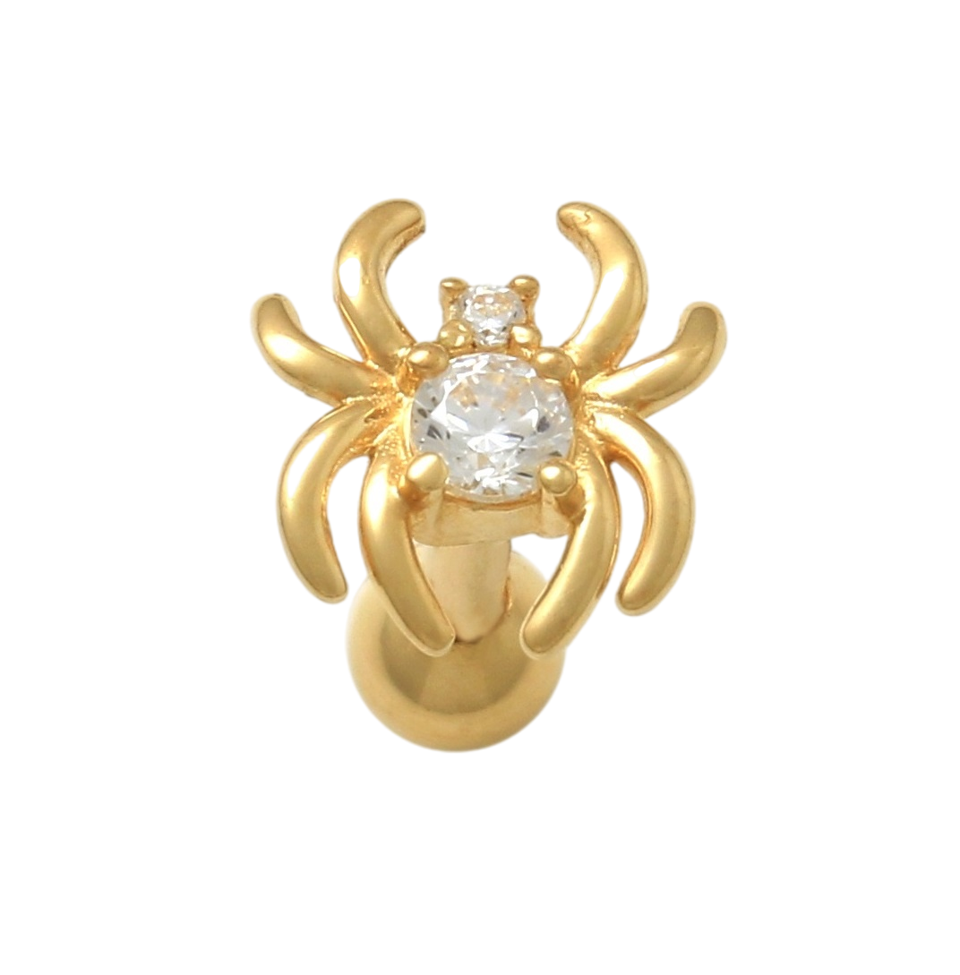 10k Solid Yellow Gold 16 Gauge Spider-Shaped Cartilage Earring with CZ