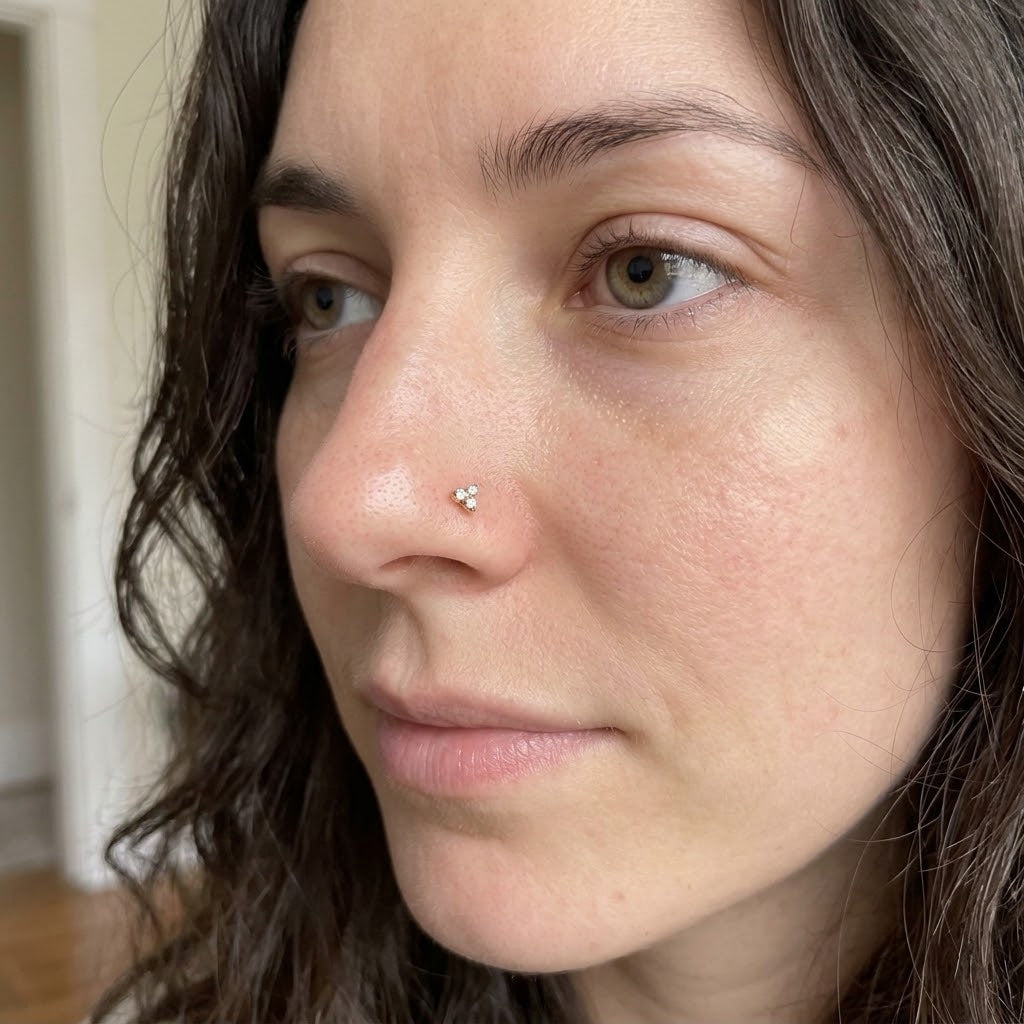 14K solid gold flower CZ nose stud worn in nostril piercing