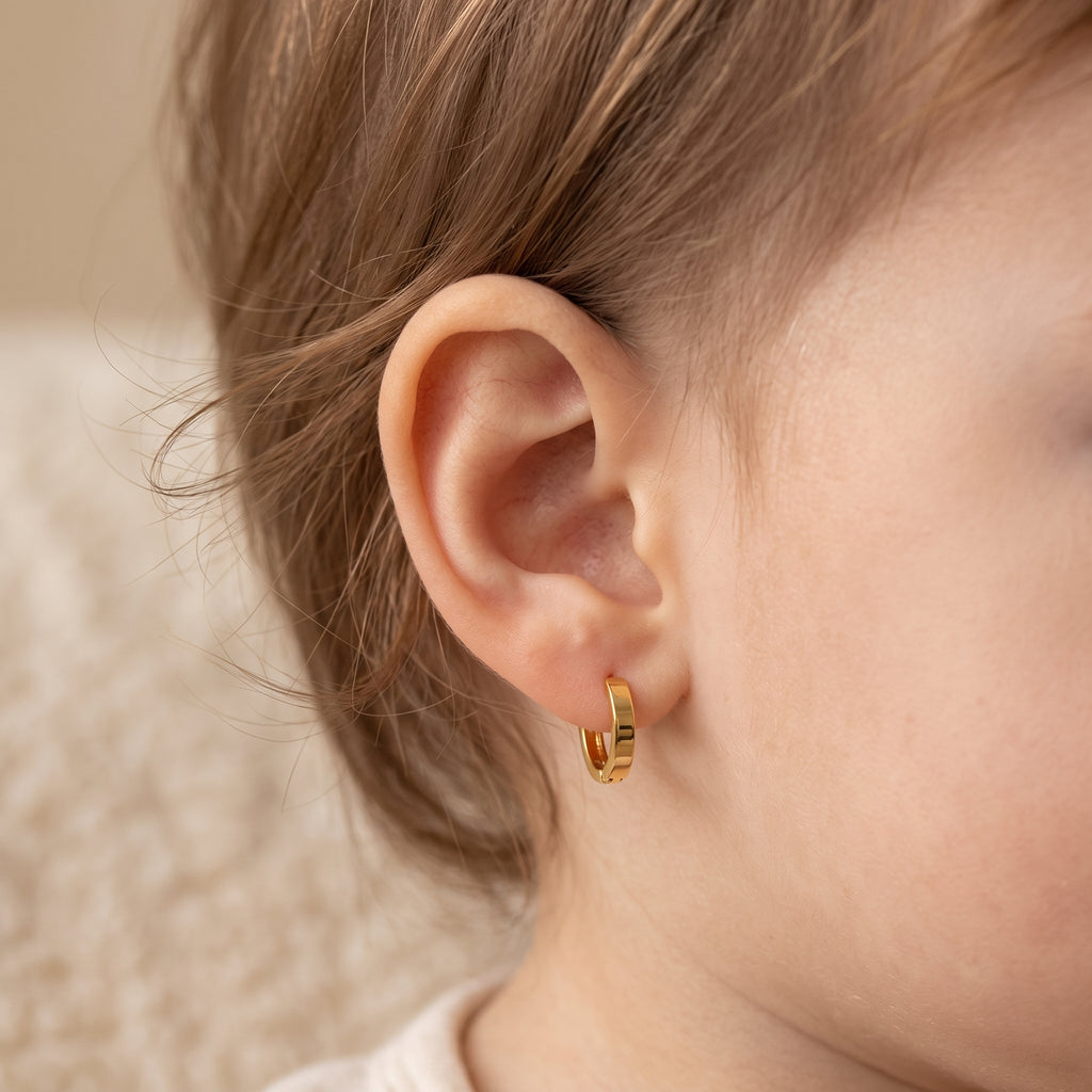 14K Solid Gold Simple Kids Huggie Hoop Earrings - Yellow gold, Solid gold, 14k