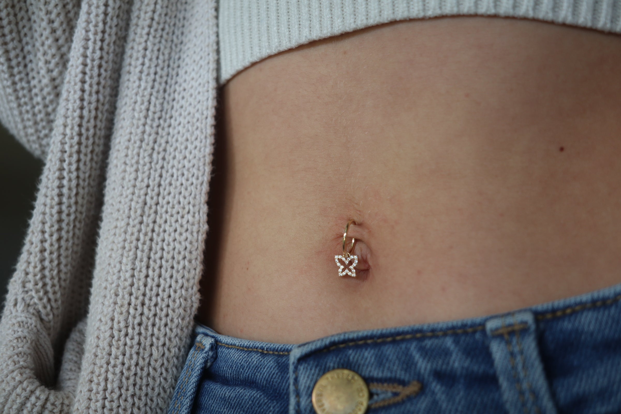 14K Solid Gold Belly Ring Hoop with a 10K Solid Yellow Gold Dangling Butterfly Charm