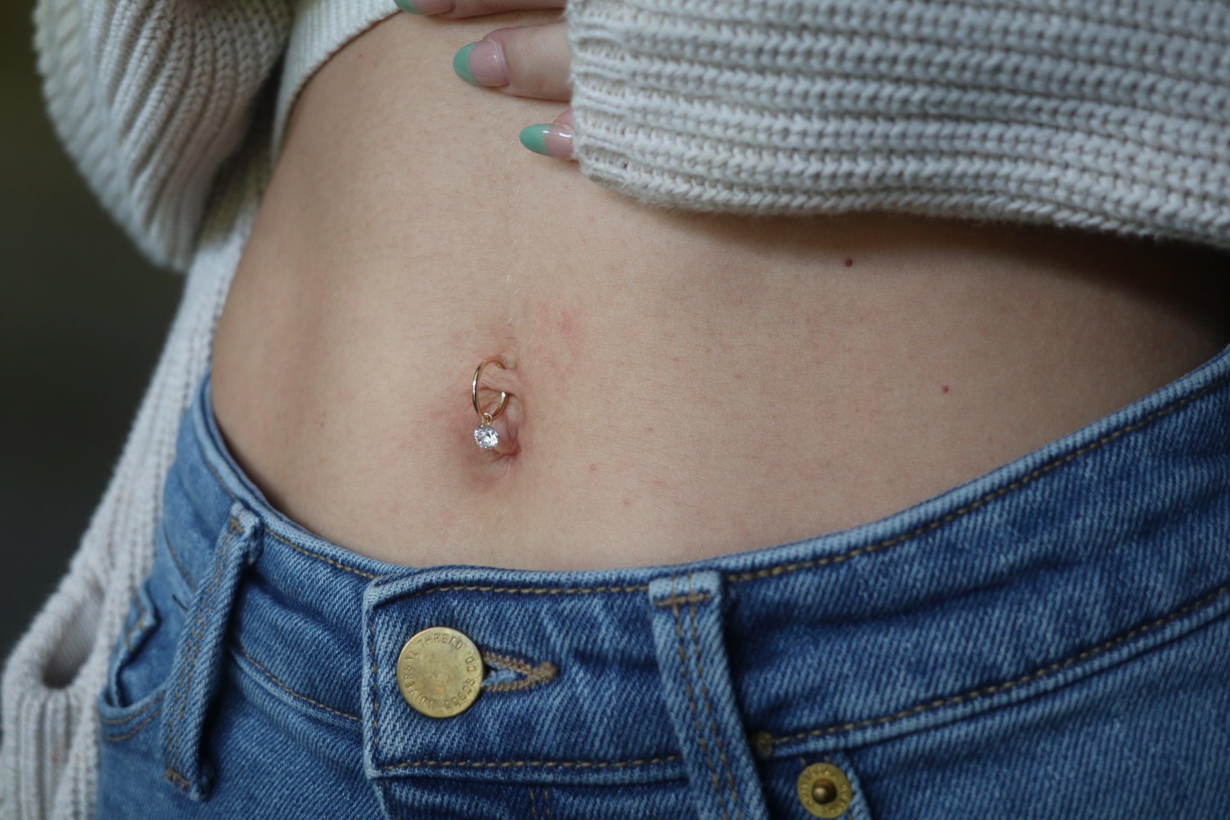 14K Solid Gold Belly Ring Hoop with a 10K Solid Yellow Gold Dangling Round Charm