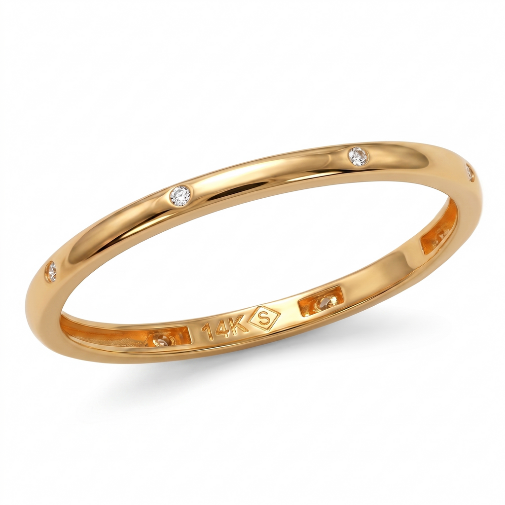 14K Solid Gold Flush-Set Natural Diamond Ring