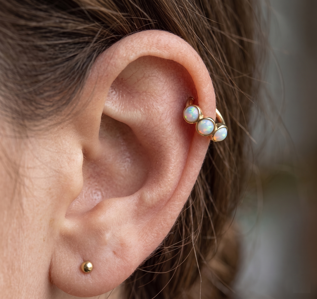 10K Solid Gold 18G Triple Opal Clicker Hoop