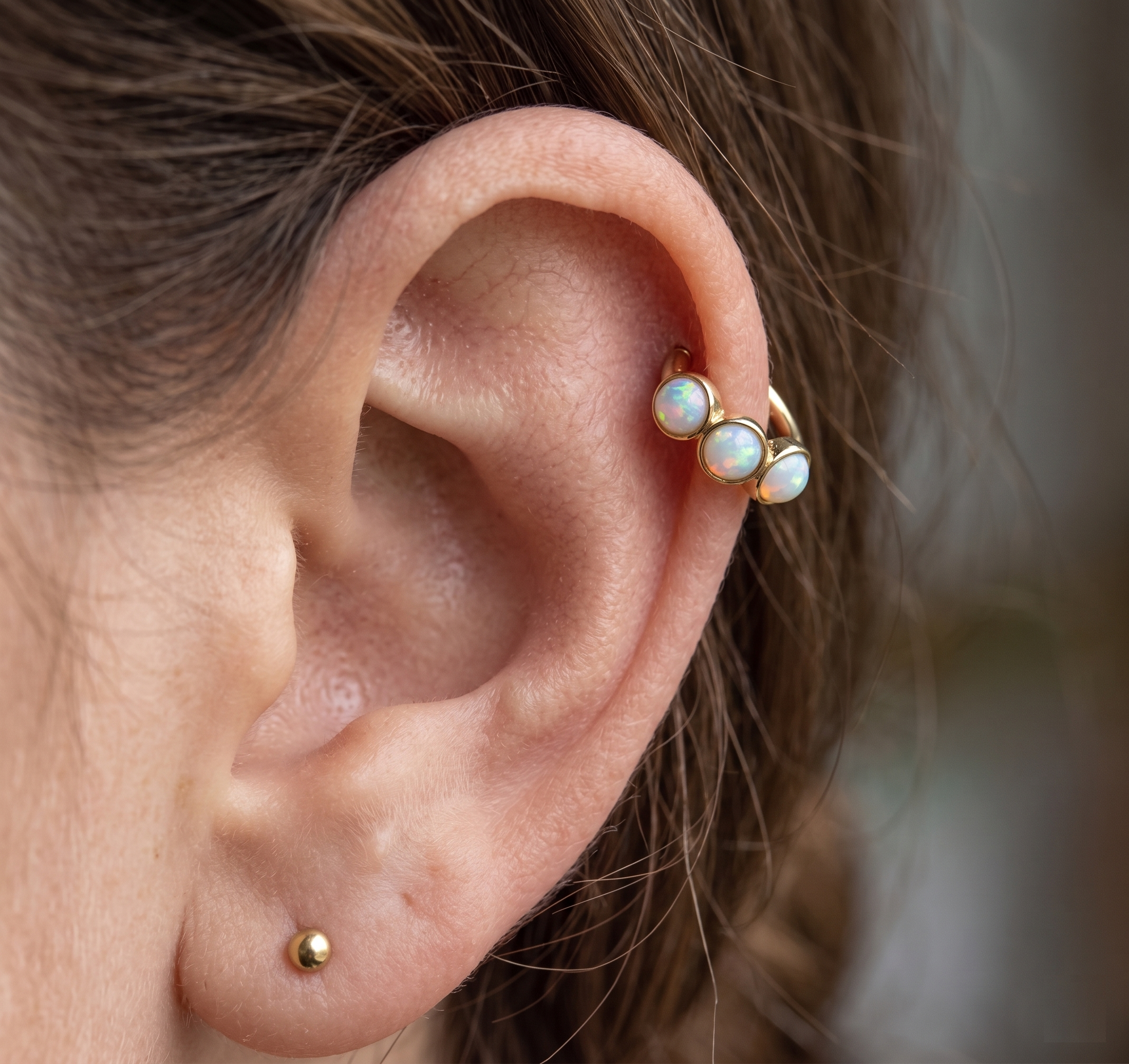 10K Solid Gold 18G Triple Opal Clicker Hoop