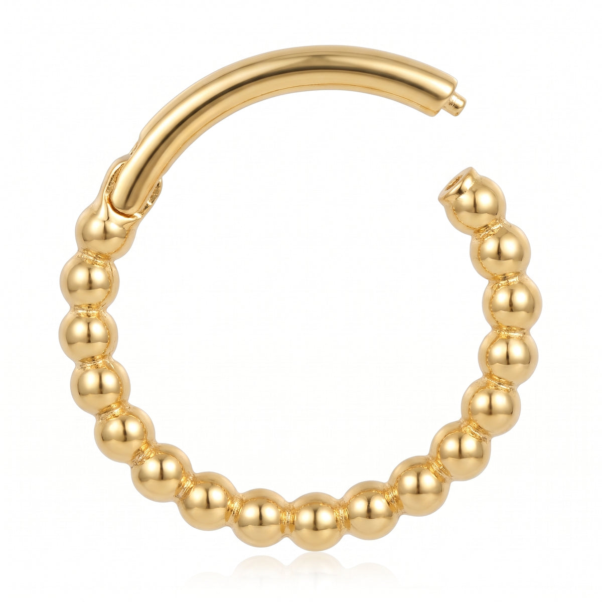 10K solid gold beaded clicker hoop, alternate angle