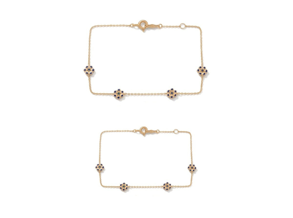 Mommy & Me 14K Solid Gold Sapphire Flower Matching Bracelet Set