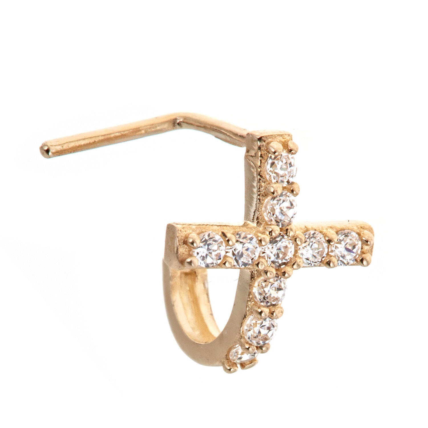 10K Solid Gold Cross Nose Stud - Cubic zirconia, Yellow gold, Solid gold