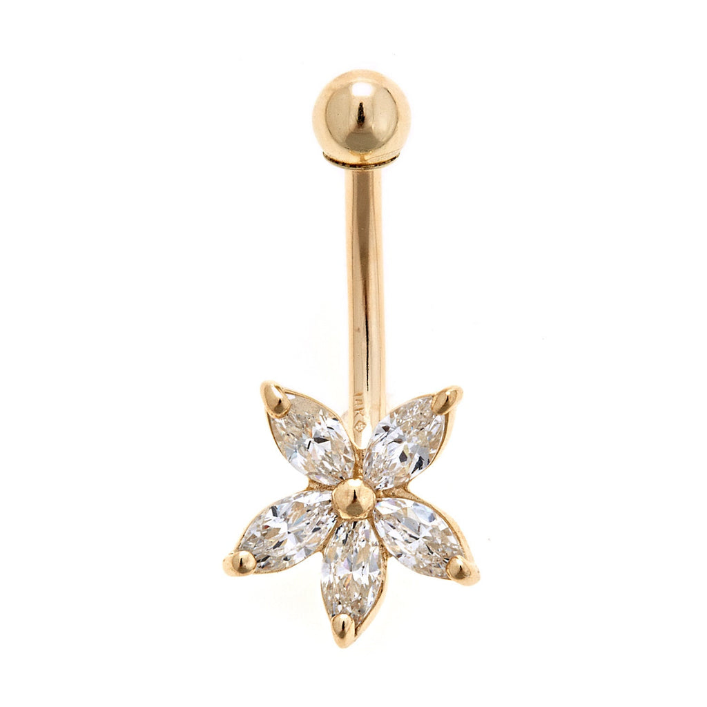 14K Solid Gold Flower Belly Ring - Cubic zirconia, Yellow gold, Solid gold