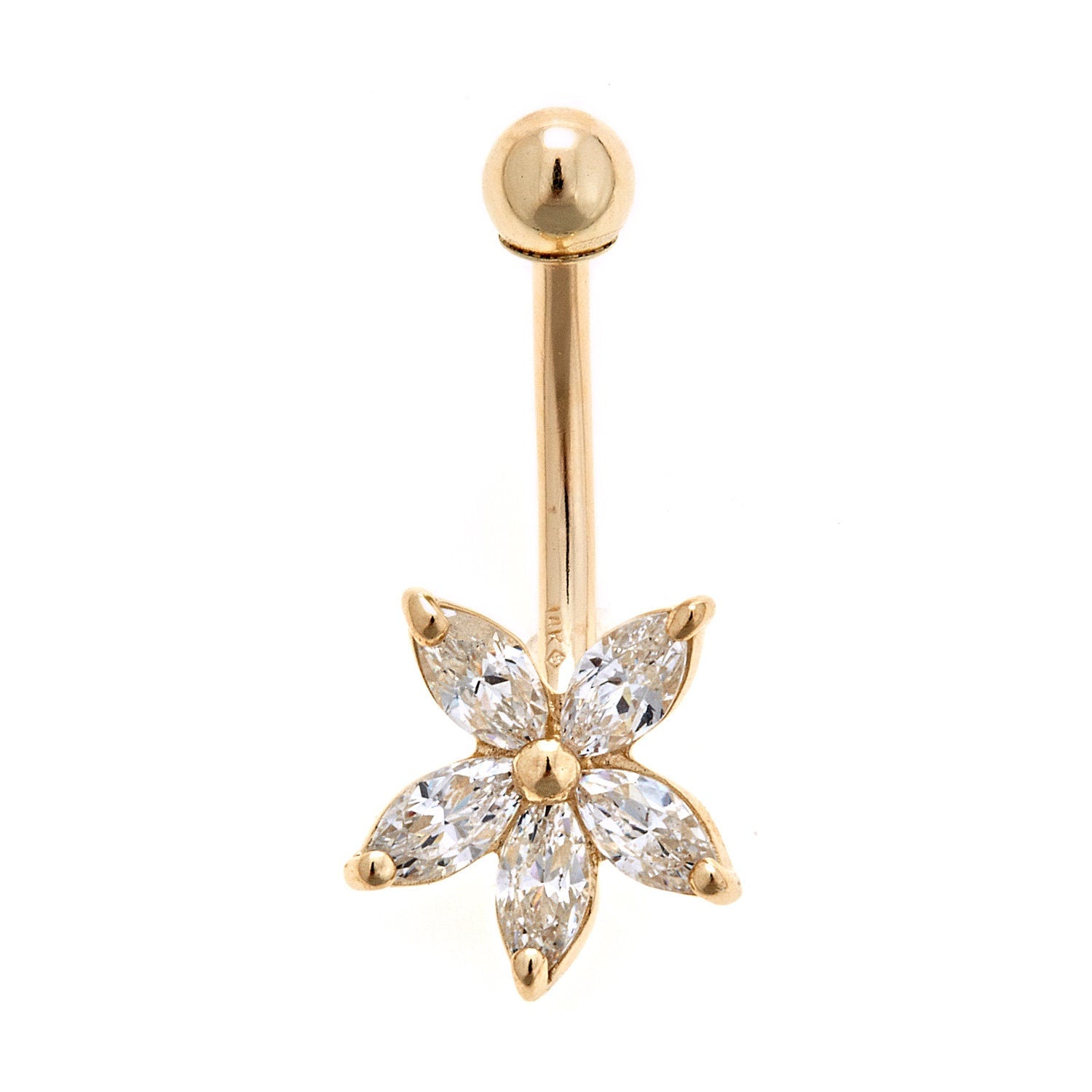 14K Solid Gold Flower Belly Ring - Cubic zirconia, Yellow gold, Solid gold