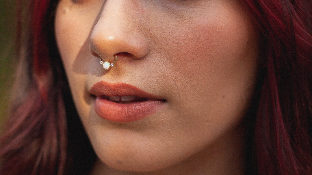 10K Solid Gold Opal Daith Ring with CZ - Opal, Yellow gold, Solid gold