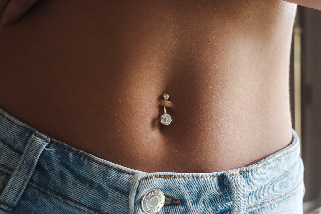 10K Solid Gold CZ Belly Ring - Cubic zirconia, Yellow gold, Solid gold