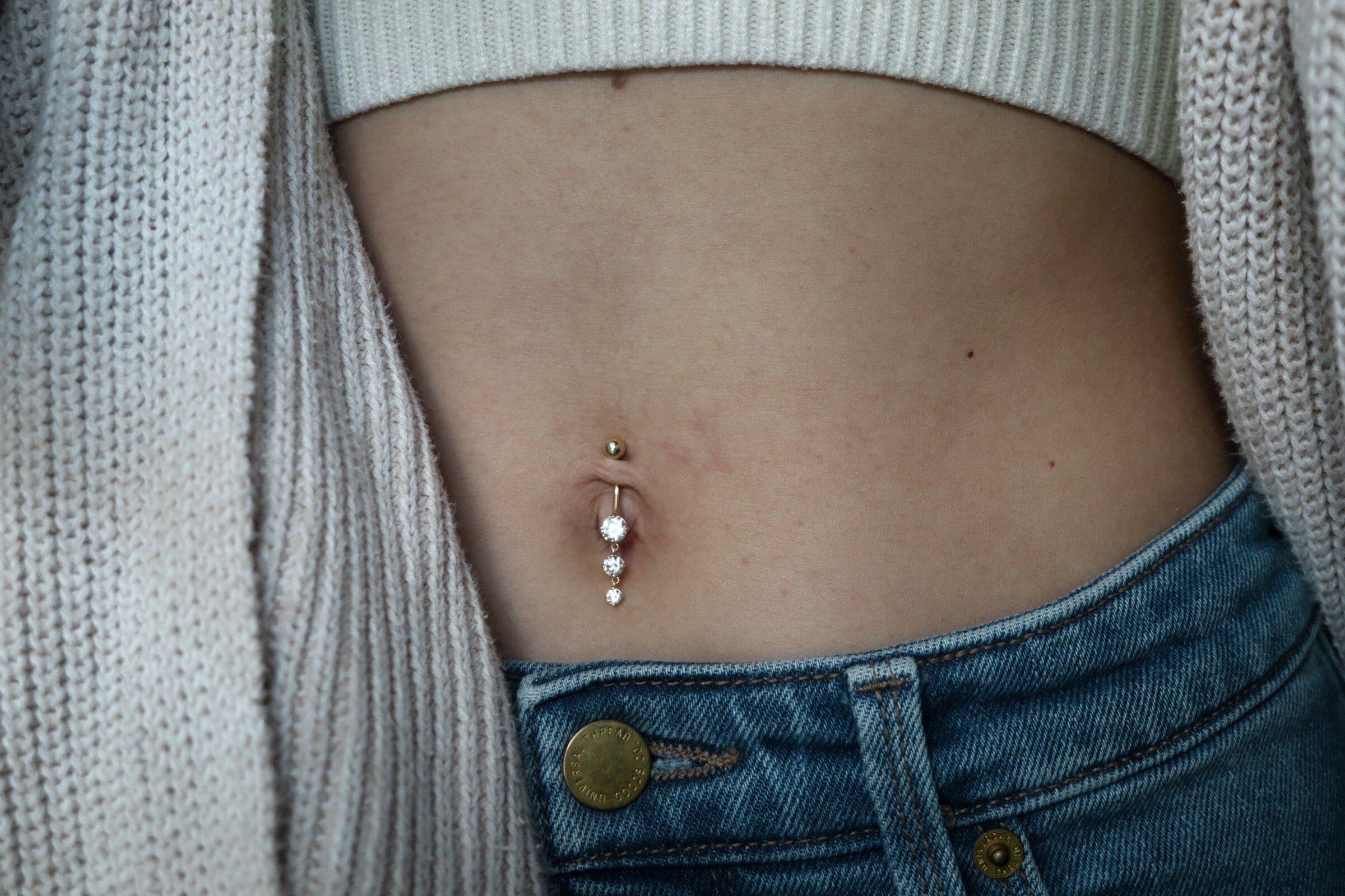 10K Solid Gold Dangle Belly Ring - Cubic zirconia, Yellow gold, Solid gold