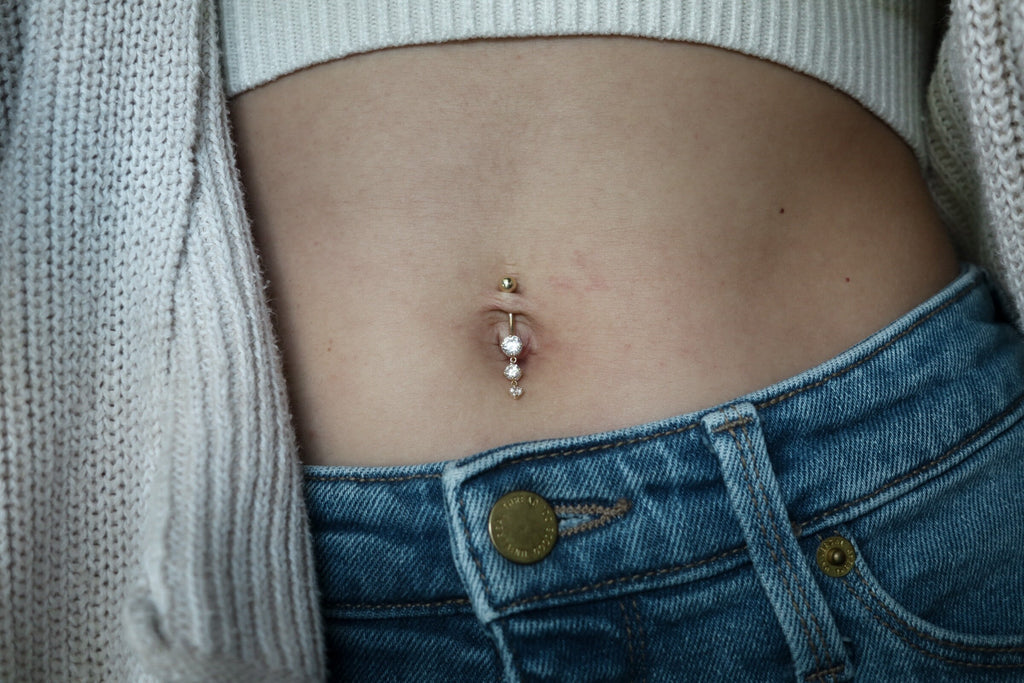 10K Solid Gold Dangle Belly Ring - Cubic zirconia, Yellow gold, Solid gold