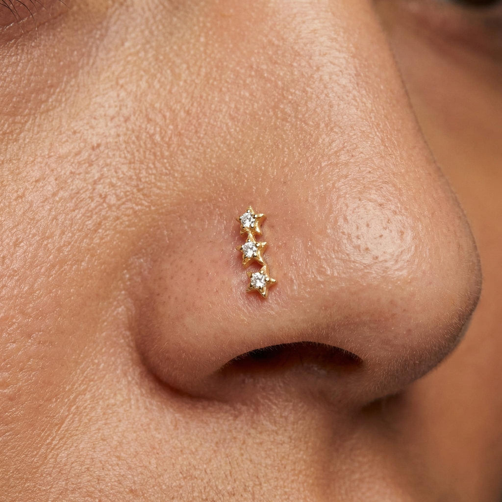 14K Solid Gold Star Nose Stud - Cubic zirconia, Yellow gold, Solid gold