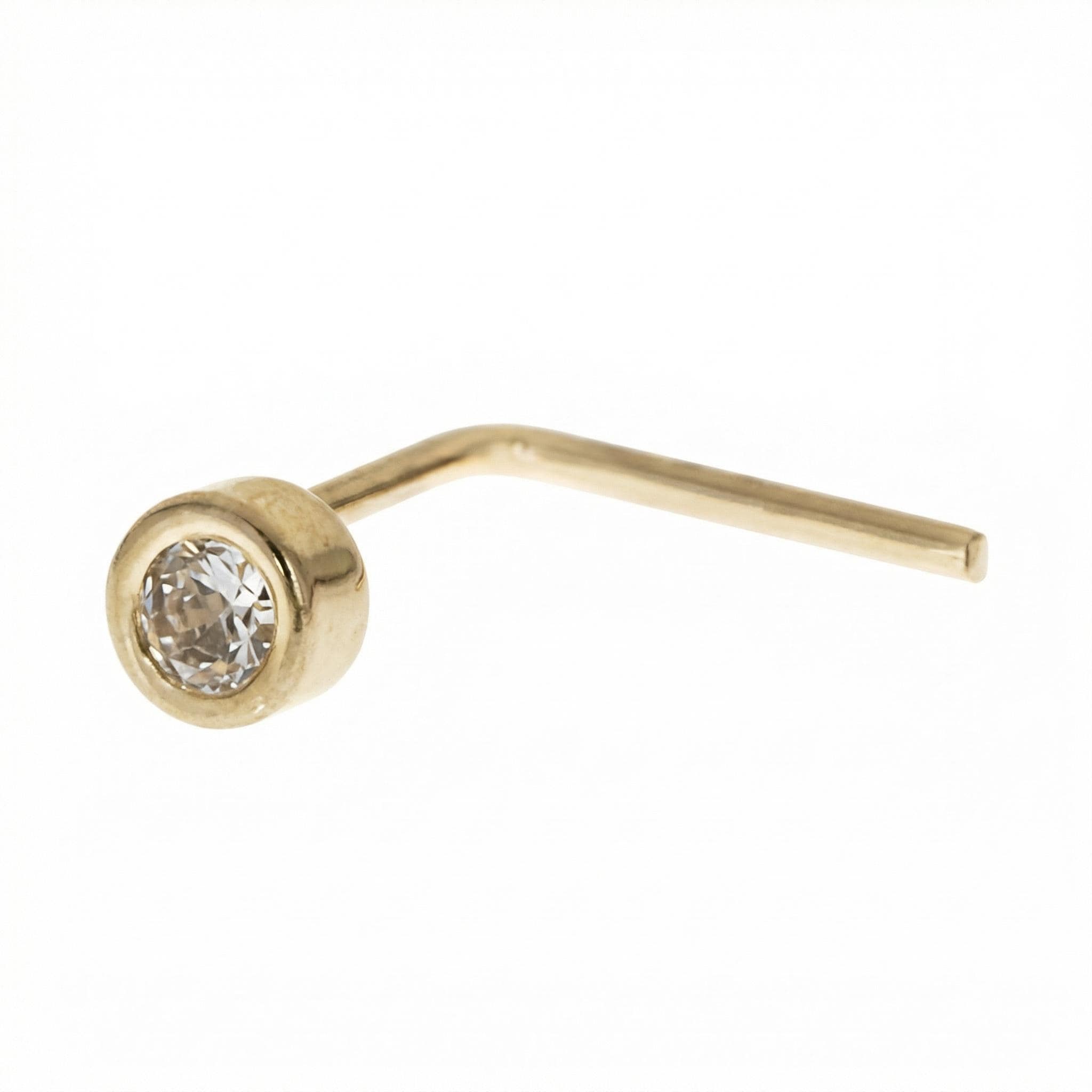 14K Solid Gold Bezel Nose Stud - Cubic zirconia, Yellow gold, Solid gold