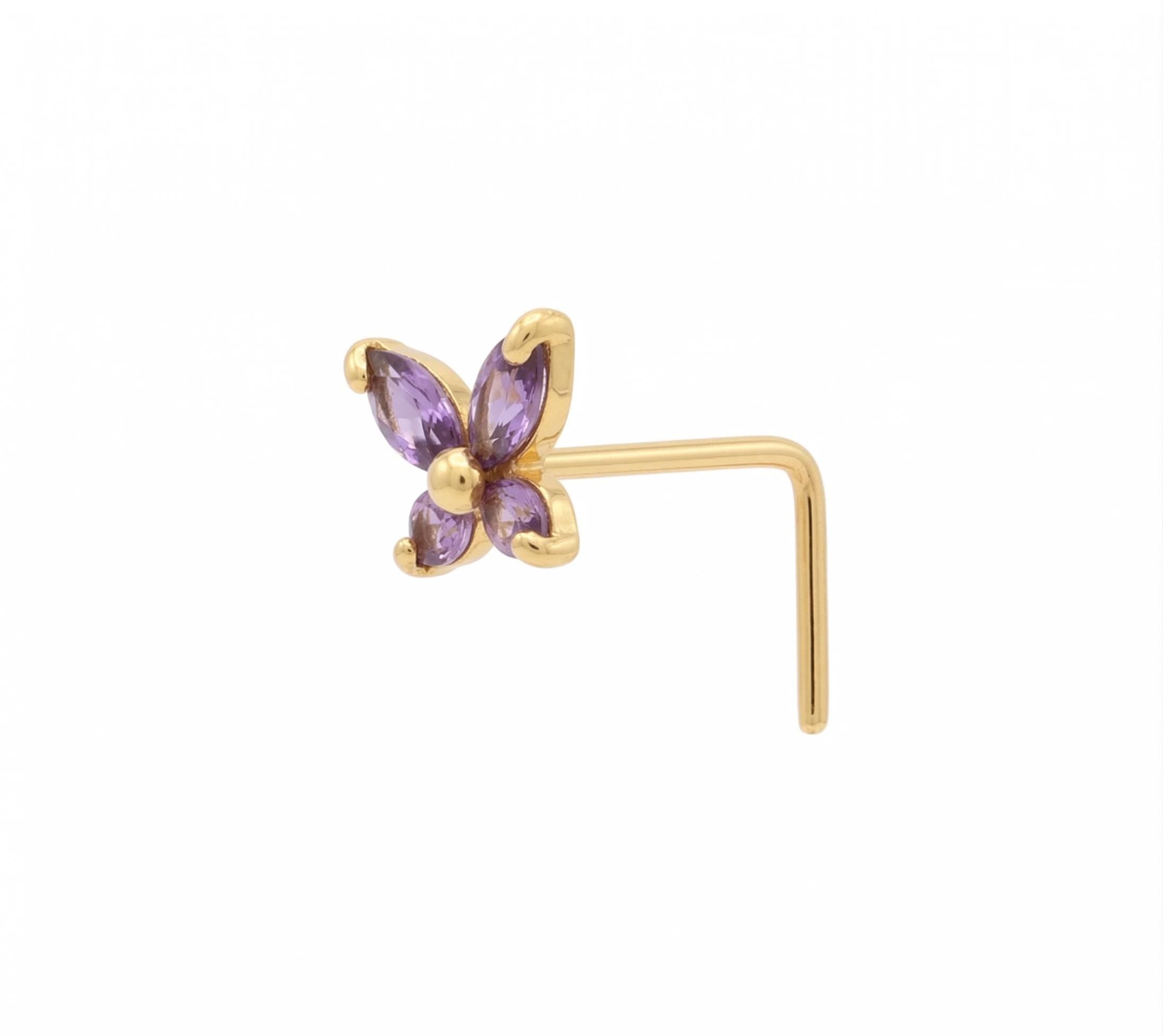 14K Solid Gold Nose Stud - Cubic zirconia, Yellow gold, Solid gold