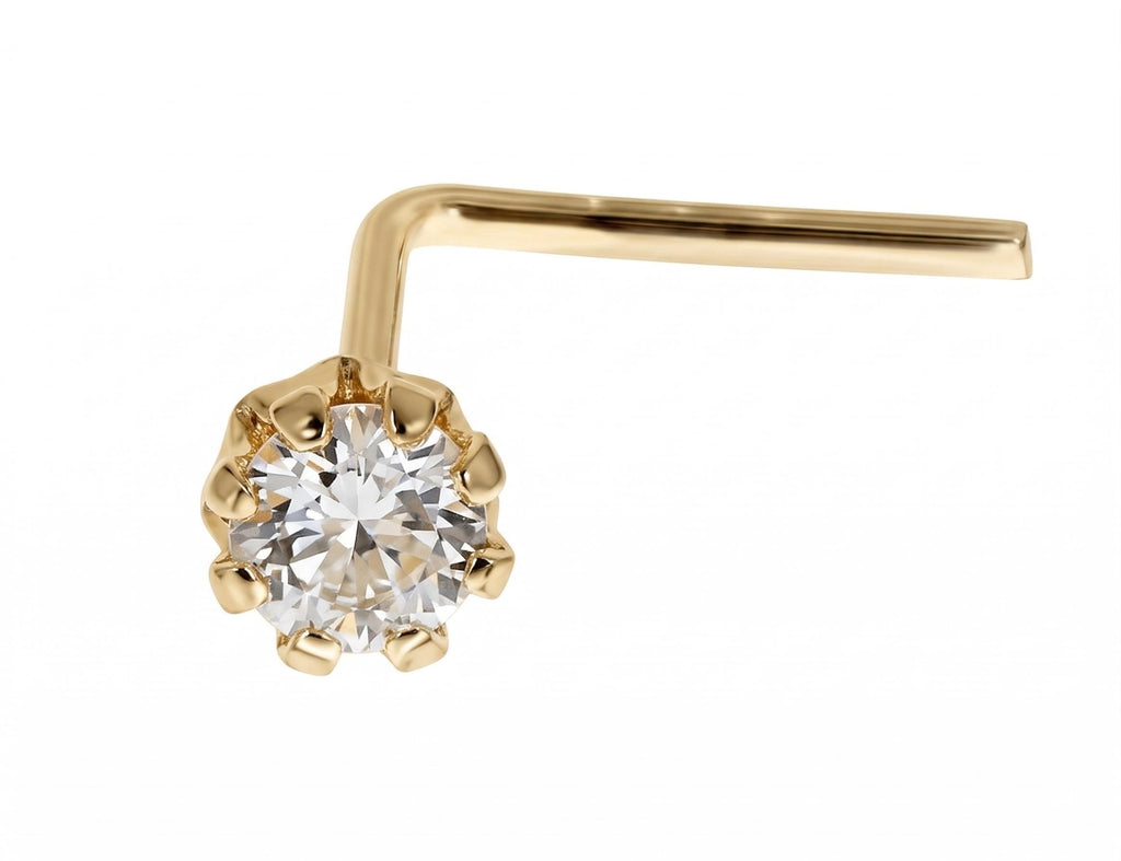 14K Solid Gold Nose Stud - Cubic zirconia, Yellow gold, Solid gold