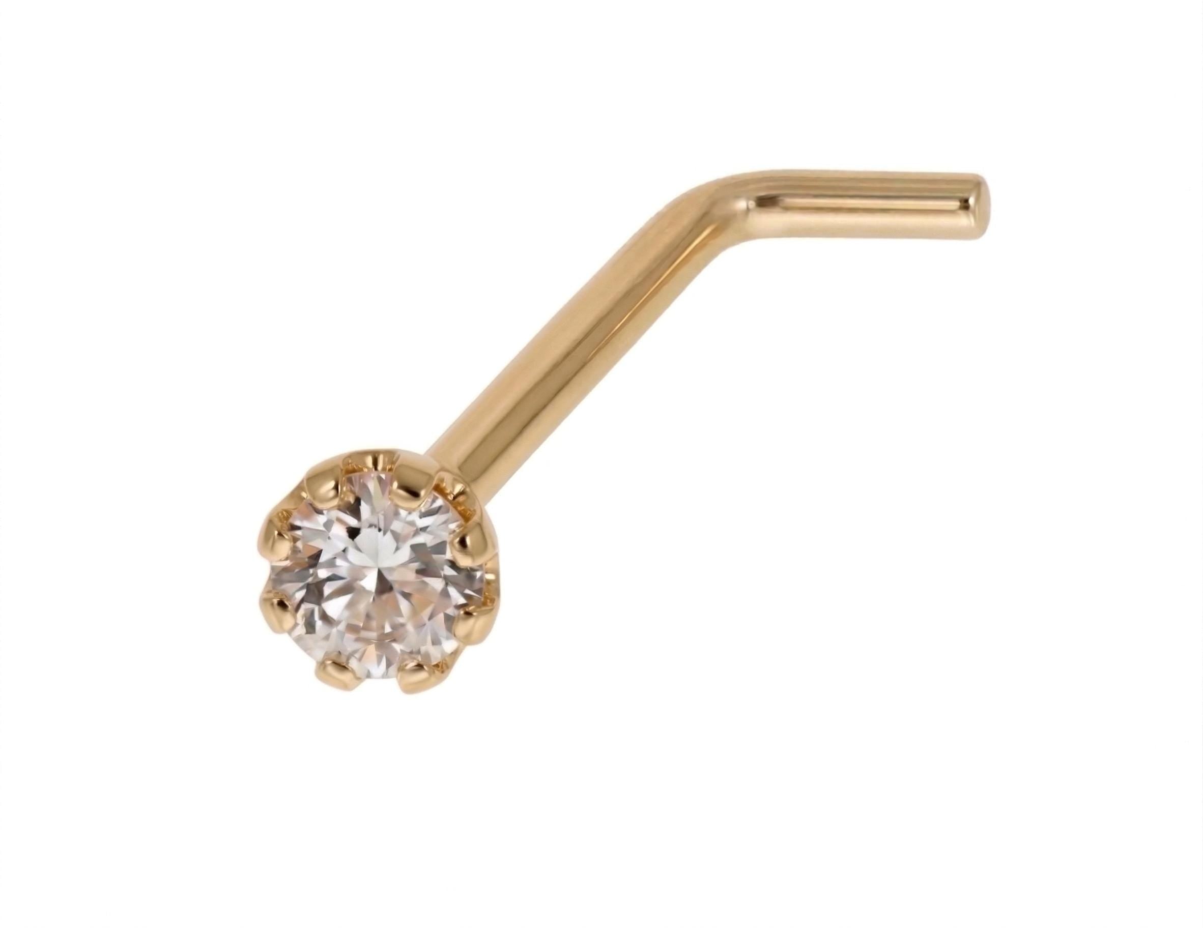 14K Solid Gold Nose Stud - Cubic zirconia, Yellow gold, Solid gold