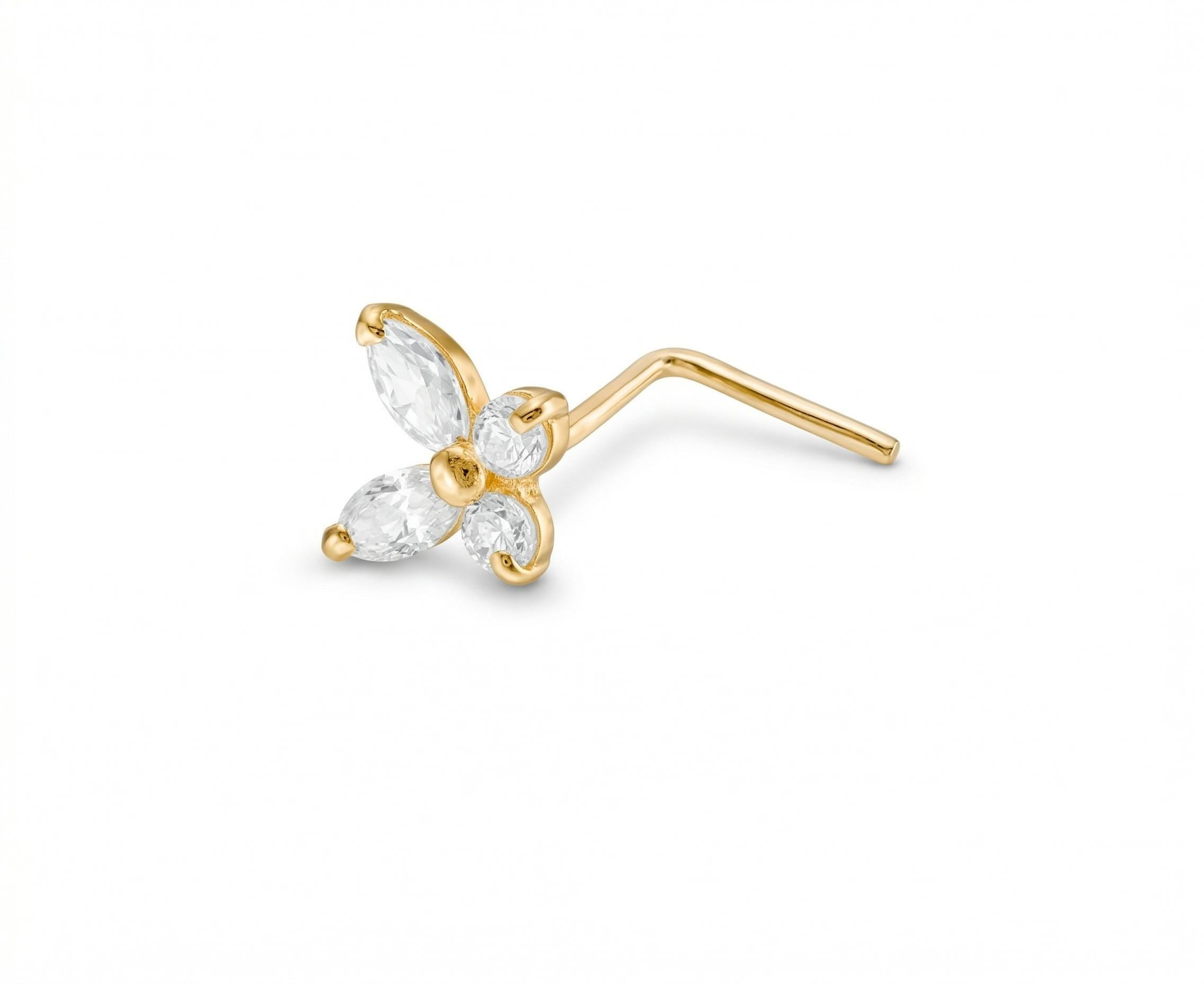 14K Solid Gold Nose Stud - Cubic zirconia, Yellow gold, Solid gold
