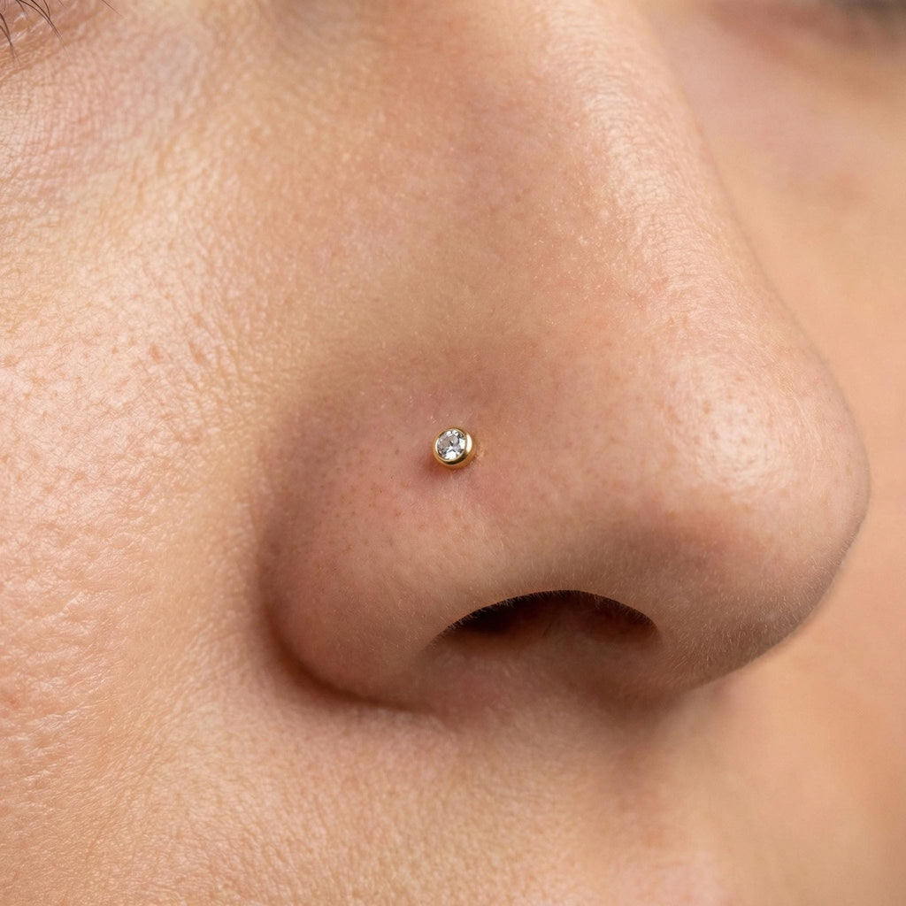 14K Solid Gold Bezel Nose Stud - Cubic zirconia, Yellow gold, Solid gold