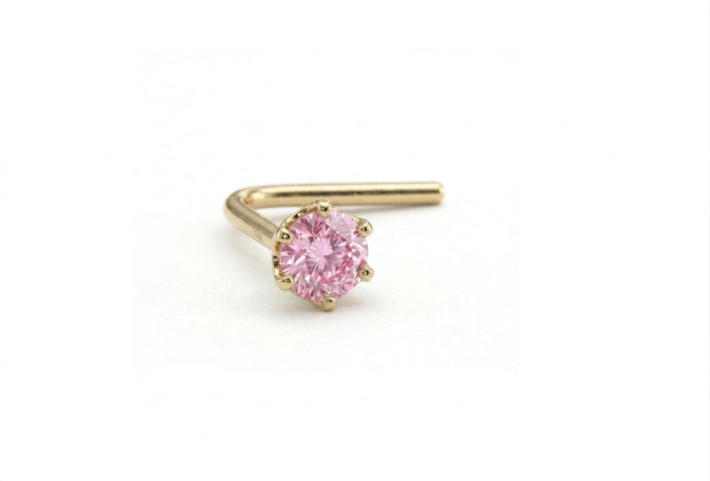 14K Solid Gold Nose Stud - Cubic zirconia, Yellow gold, Solid gold