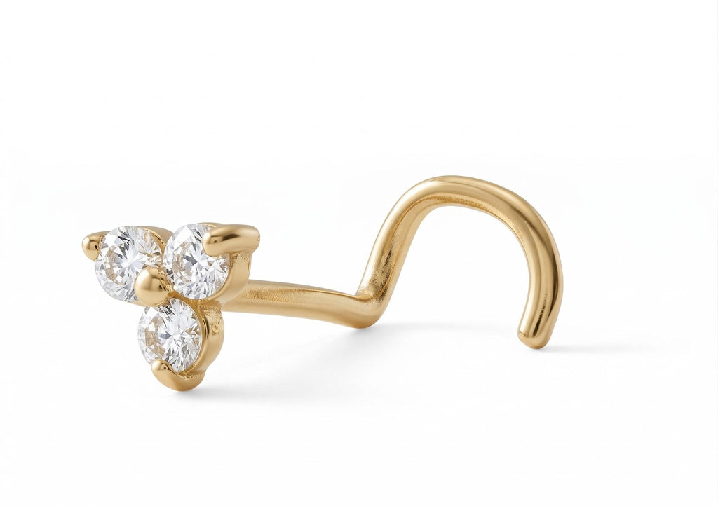 14K Solid Gold Nose Stud - Cubic zirconia, Yellow gold, Solid gold