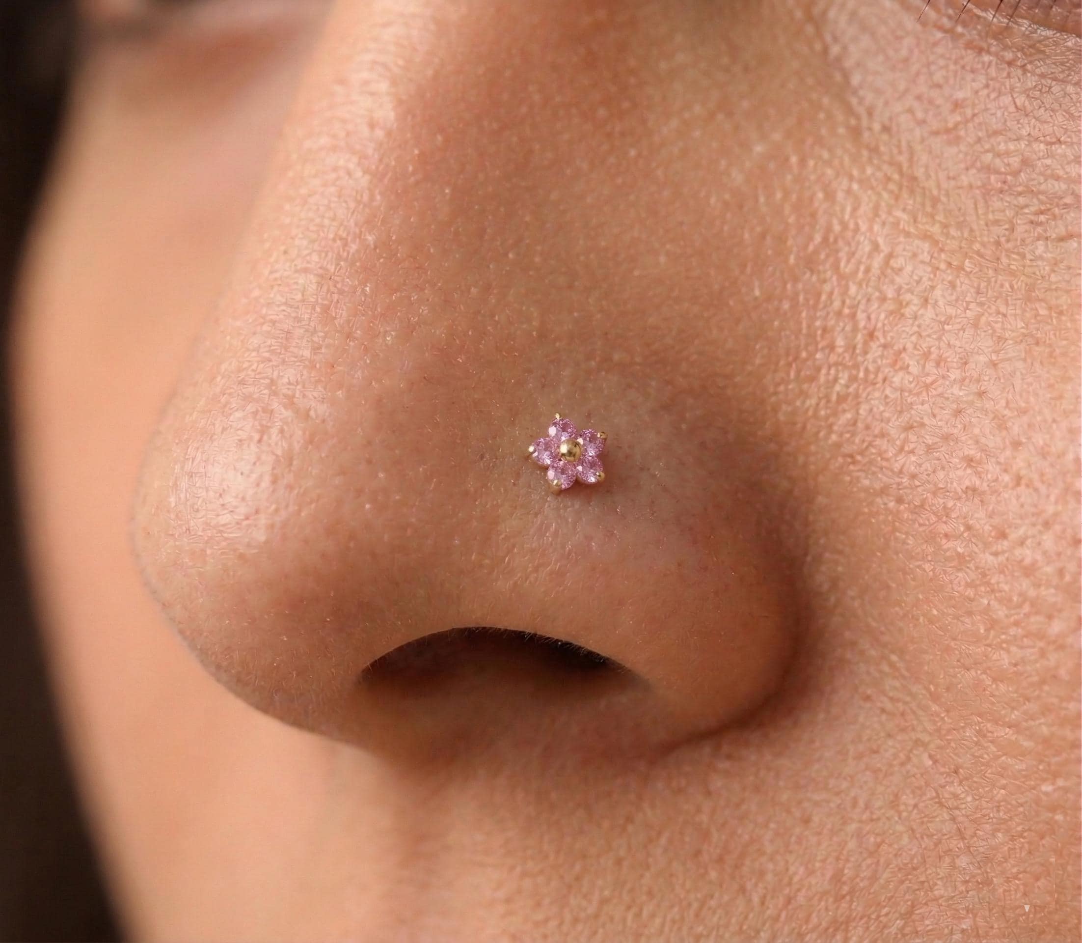 14K Solid Gold Nose Stud - Cubic zirconia, Yellow gold, Solid gold