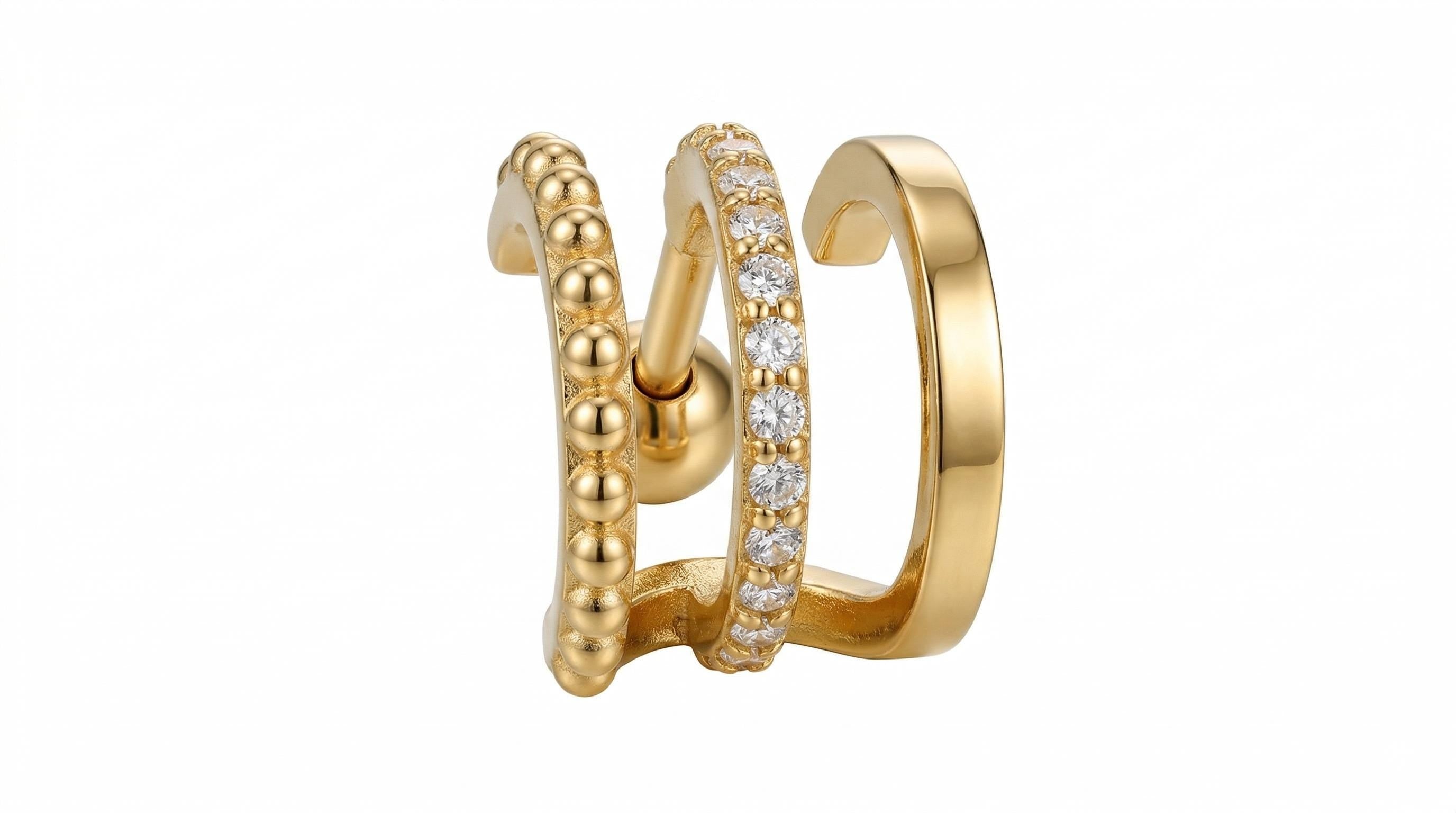 14K Solid Gold Cartilage Earring - Cubic zirconia, Yellow gold, Solid gold
