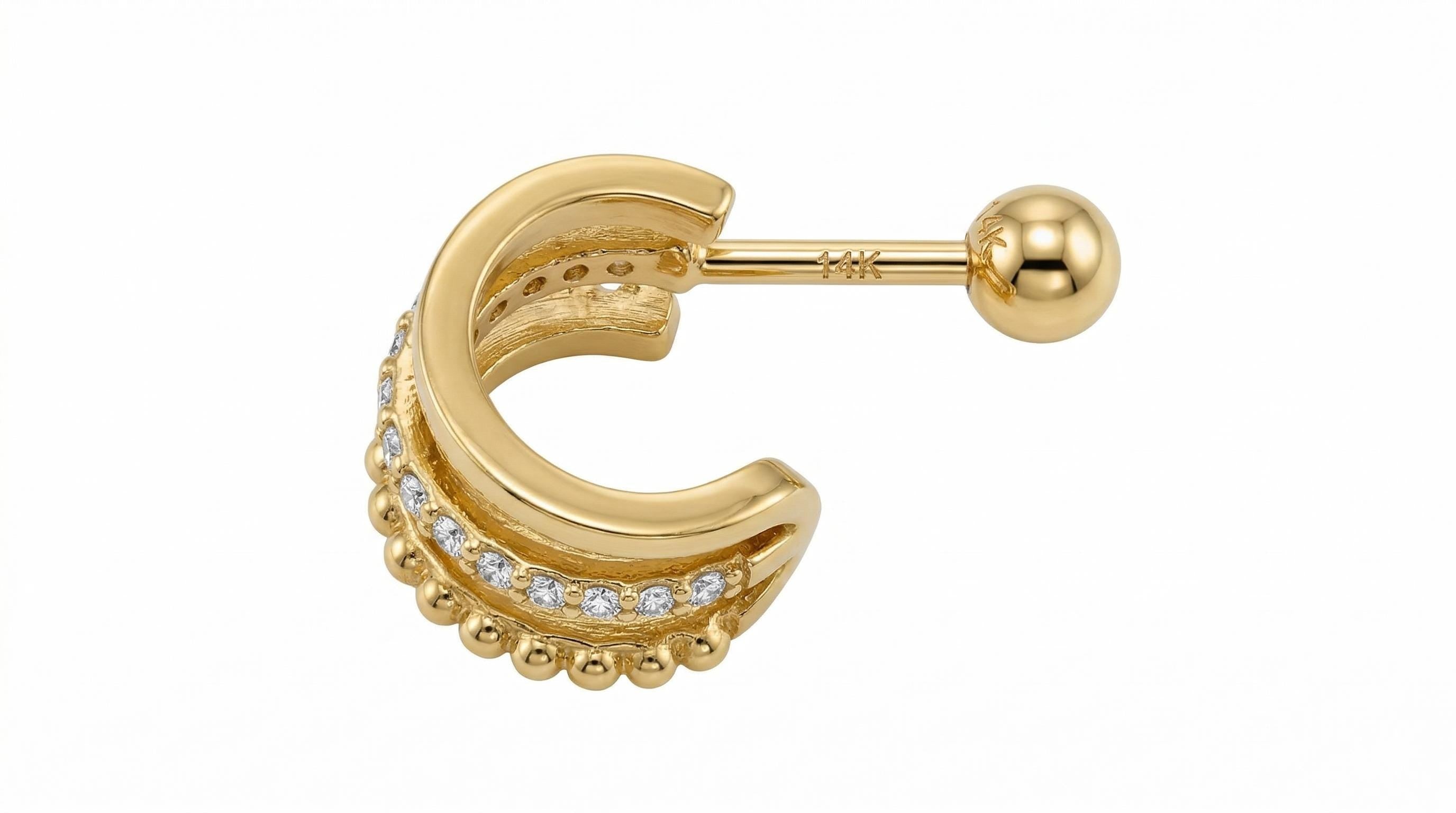 14K Solid Gold Cartilage Earring - Cubic zirconia, Yellow gold, Solid gold
